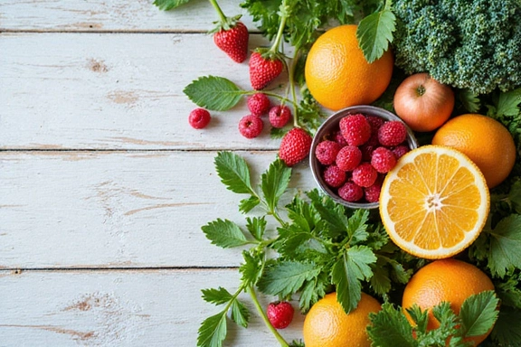 Vibrant assortment of fresh fruits, leafy greens, and detoxifying herbs arranged artfully for a detox program.